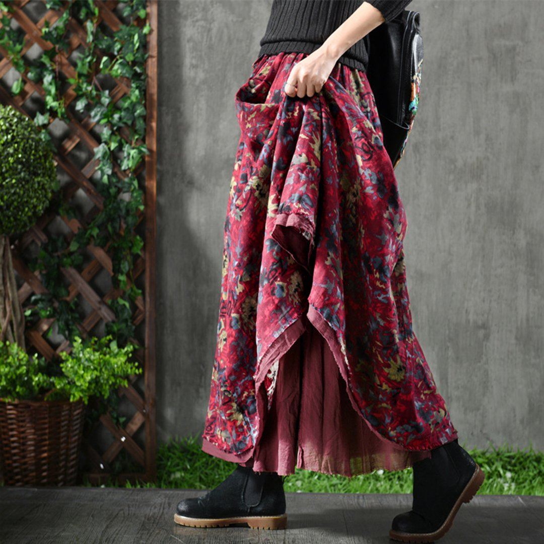 Babakud Retro Floral A-Line Cotton Skirts