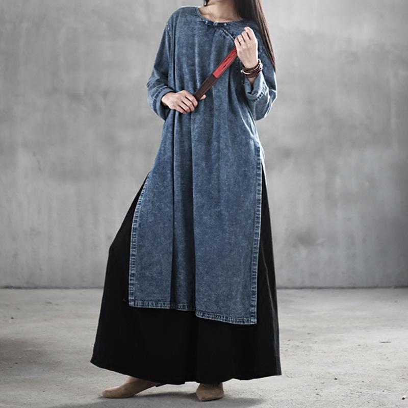 Chinese Style Denim Retro Large Size Buckle Long Sleeve Dress – Babakud