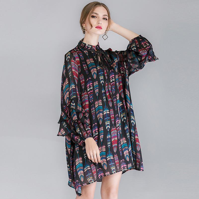 Plus Size Ruffle Sleeve Lacing Printing Long Sleeve Dress | Babakud