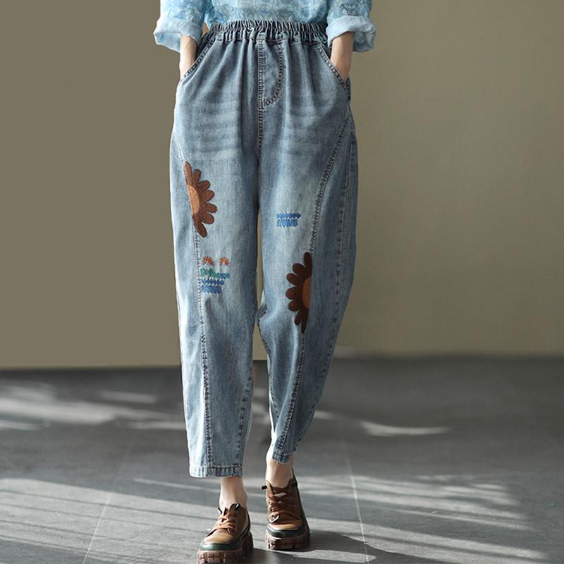 Retro Embroidered Loose Harem Denim Pants