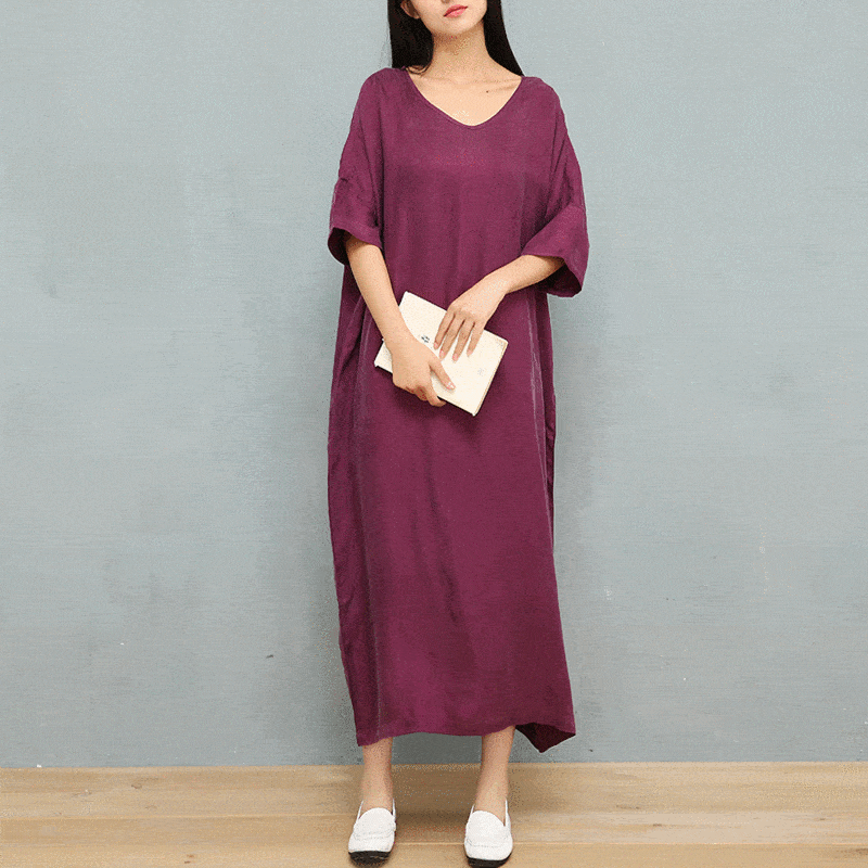 Simple V-Neck Solid Color Silk Midi Dresses