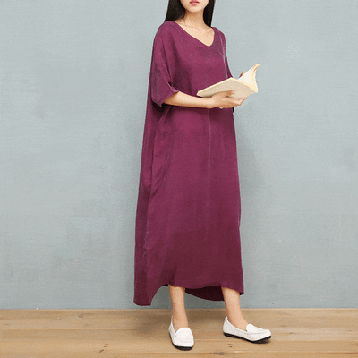 Simple V-Neck Solid Color Silk Midi Dresses