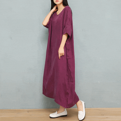 Simple V-Neck Solid Color Silk Midi Dresses