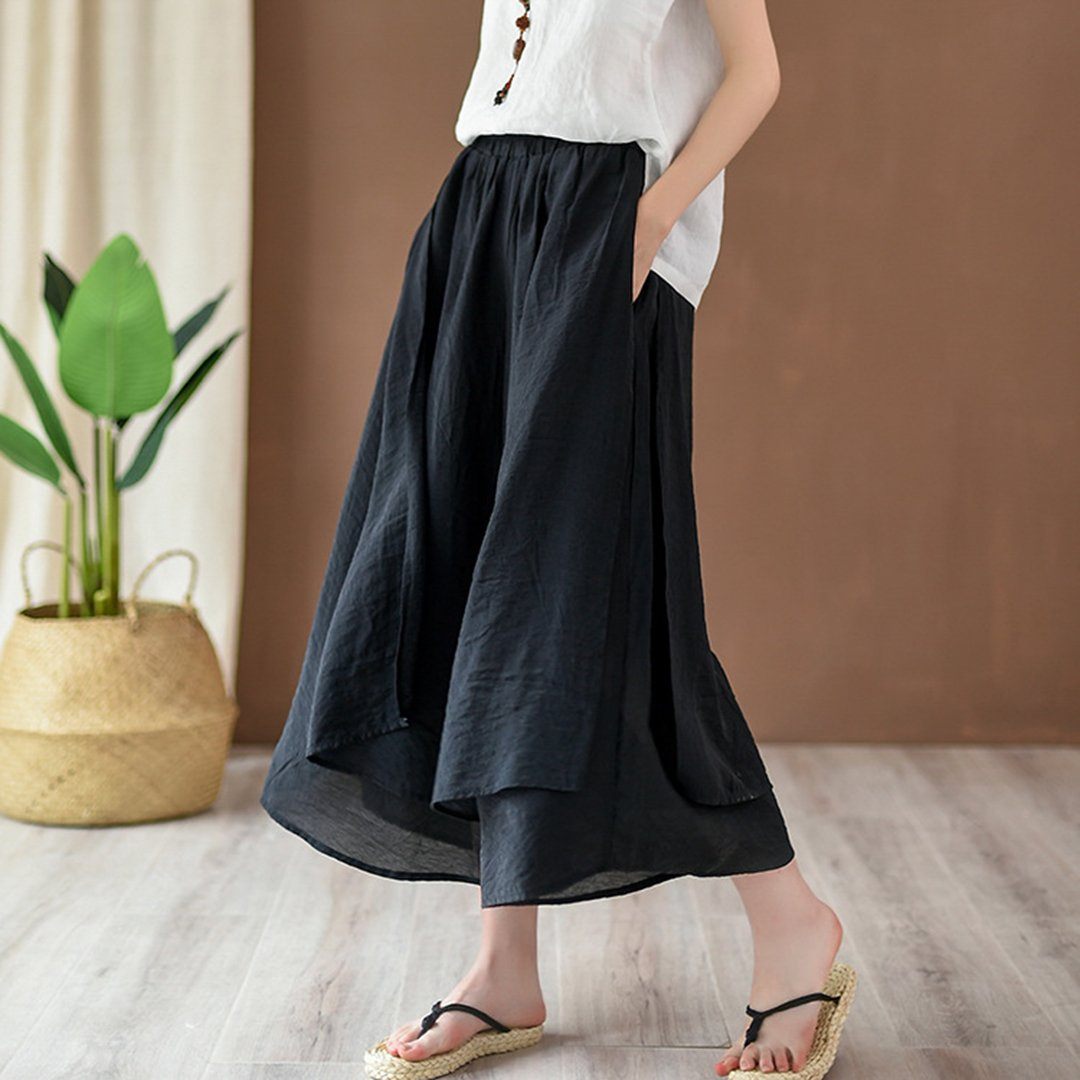 Solid Elastic Waist Tiered Pants Culottes | Babakud