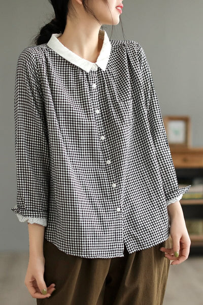 Spring Casual Plaid Double-Layer Cotton Blouse