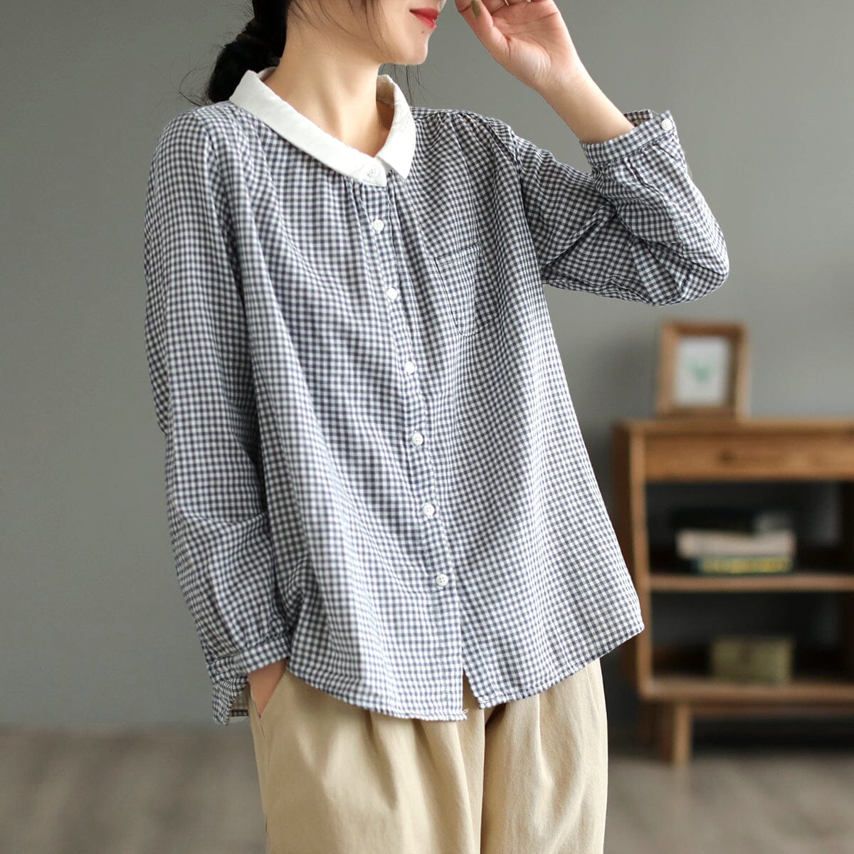 Spring Casual Plaid Double-Layer Cotton Blouse