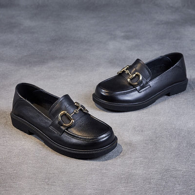 Spring Soft Leather Buckle Lug Sole Loafers