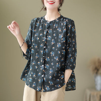 Spring Summer Retro Flowers Loose Linen Blouse