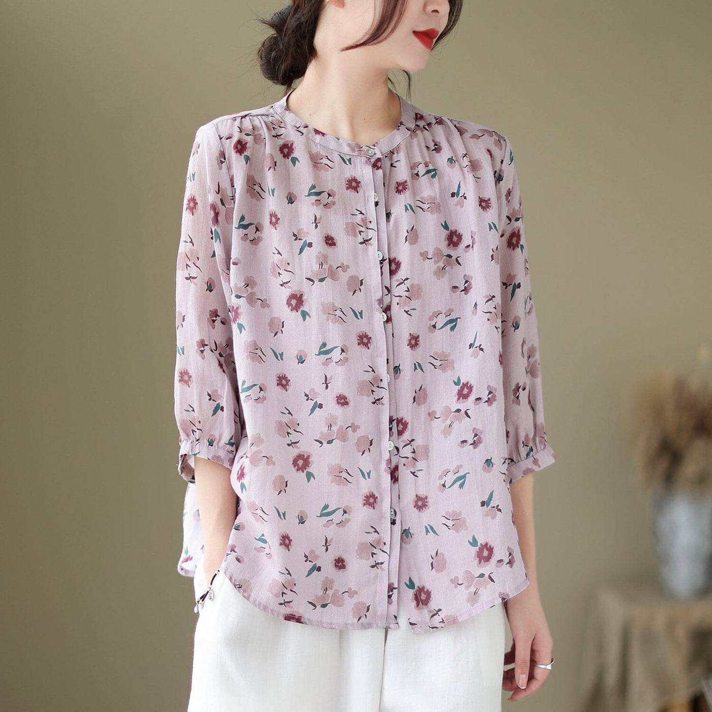 Spring Summer Retro Flowers Loose Linen Blouse