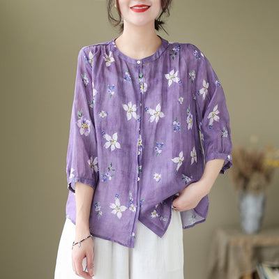 Spring Summer Retro Flowers Loose Linen Blouse