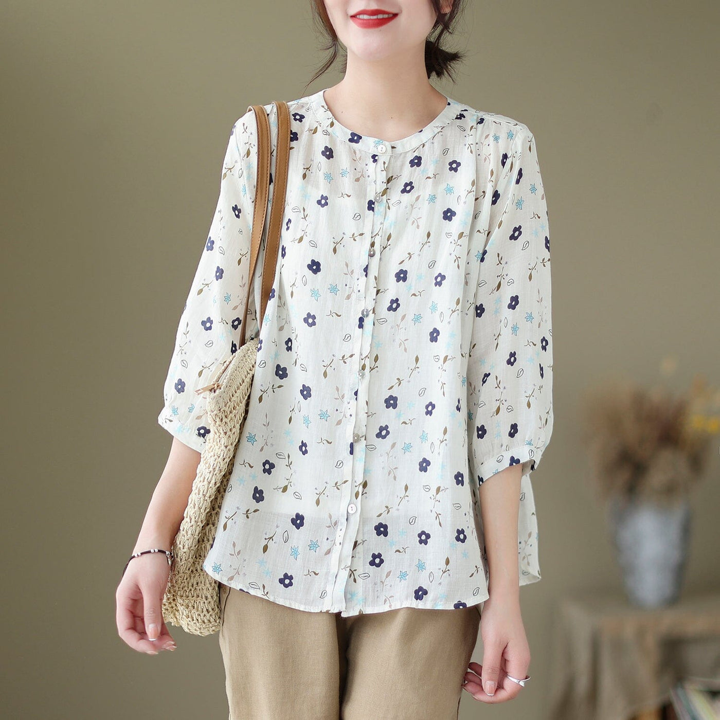 Spring Summer Retro Flowers Loose Linen Blouse