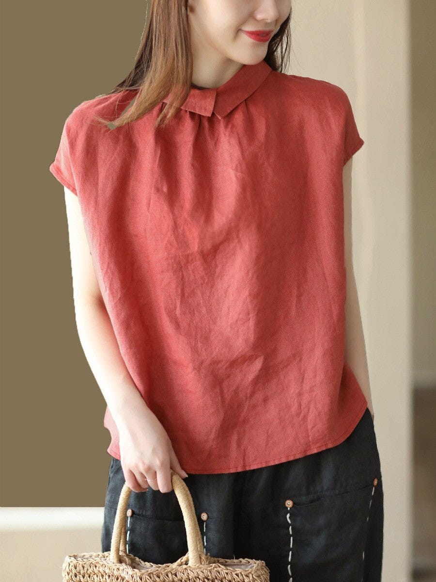 Summer Casual Retro Short Sleeve Polo Collar Blouse