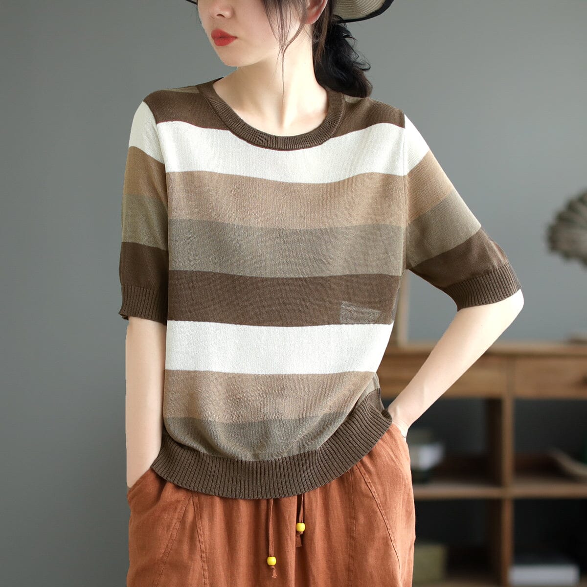 Summer Casual Stripe Knitted Half Sleeve Top