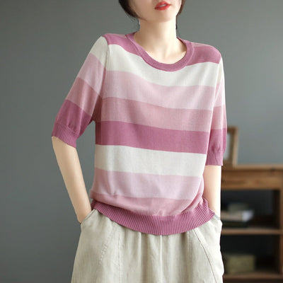 Summer Casual Stripe Knitted Half Sleeve Top