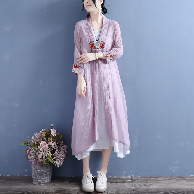 Summer Cotton Linen Floral Open Front Long Cardigan – Babakud