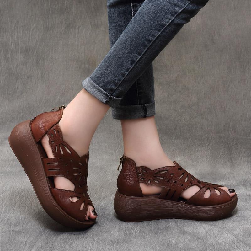 Summer Handmade Leather Retro Platform Hollow Sandals – Babakud