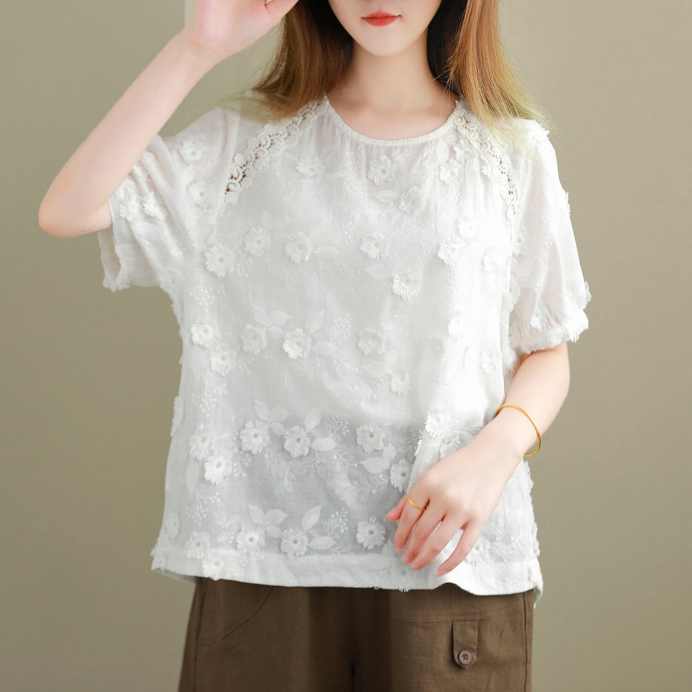 Summer Retro Casual Solid Floral Embroidery T-Shirt