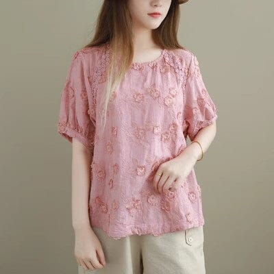 Summer Retro Casual Solid Floral Embroidery T-Shirt