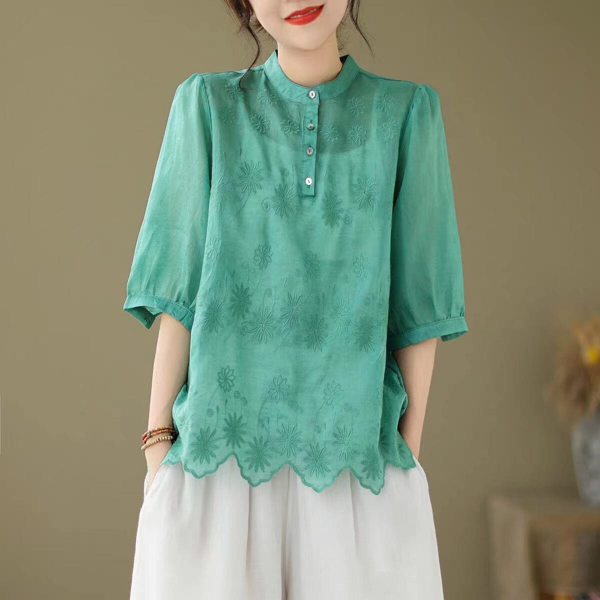 Summer Retro Embroidery Linen Blouse