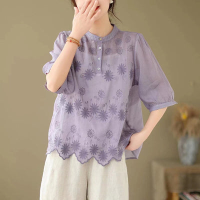 Summer Retro Embroidery Linen Blouse