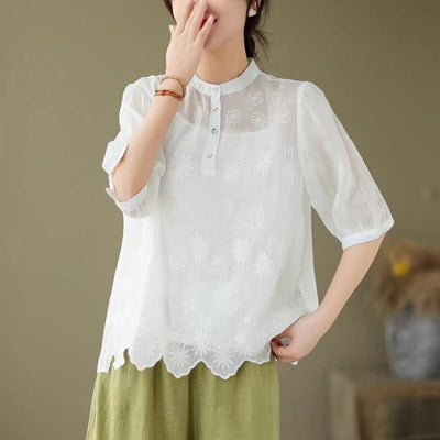 Summer Retro Embroidery Linen Blouse