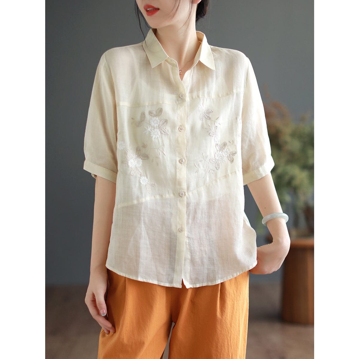 Summer Retro Embroidery Linen Casual Blouse