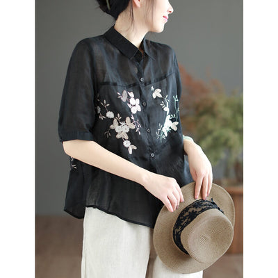 Summer Retro Embroidery Linen Casual Blouse