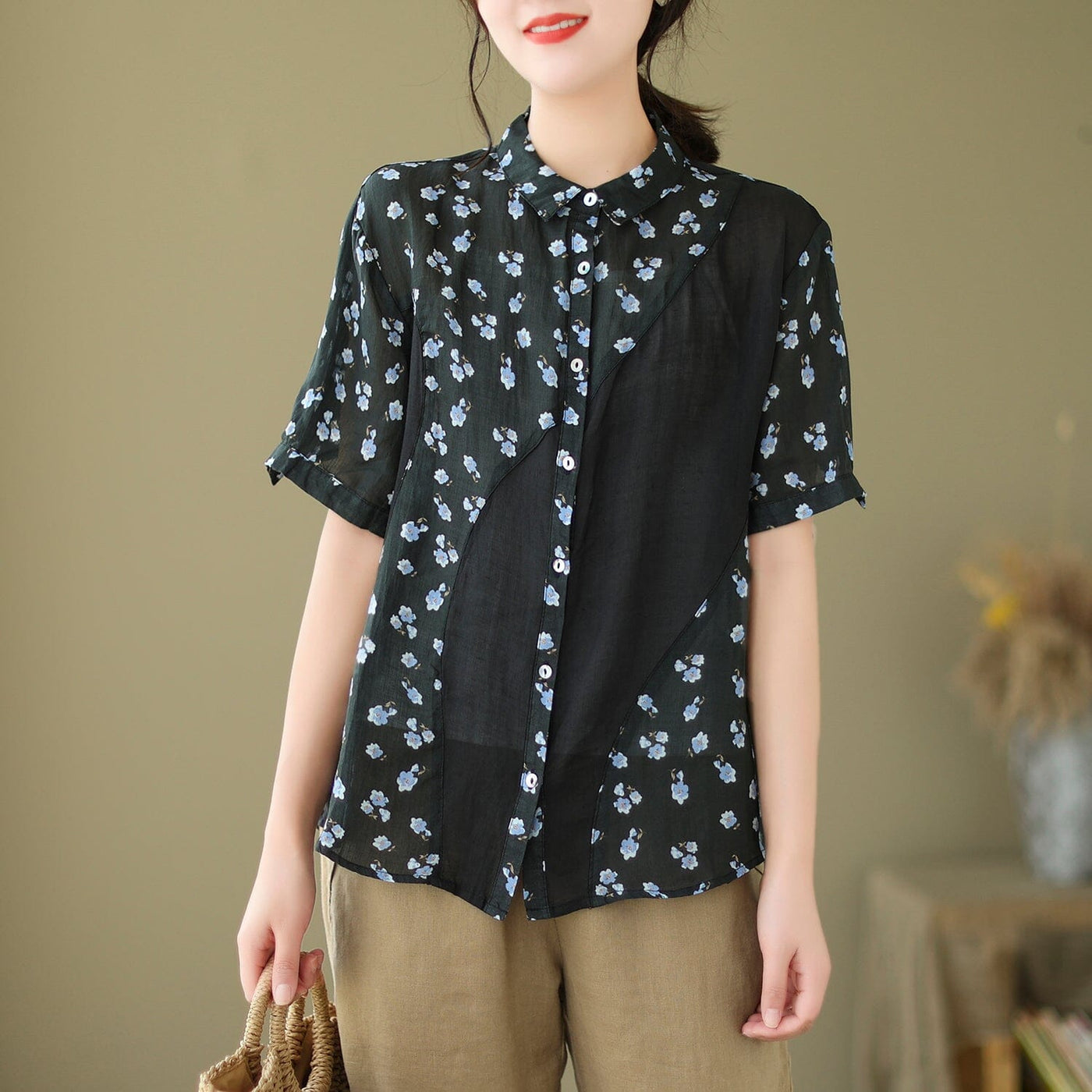 Summer Retro Floral Patchwork Casual Linen Blouse