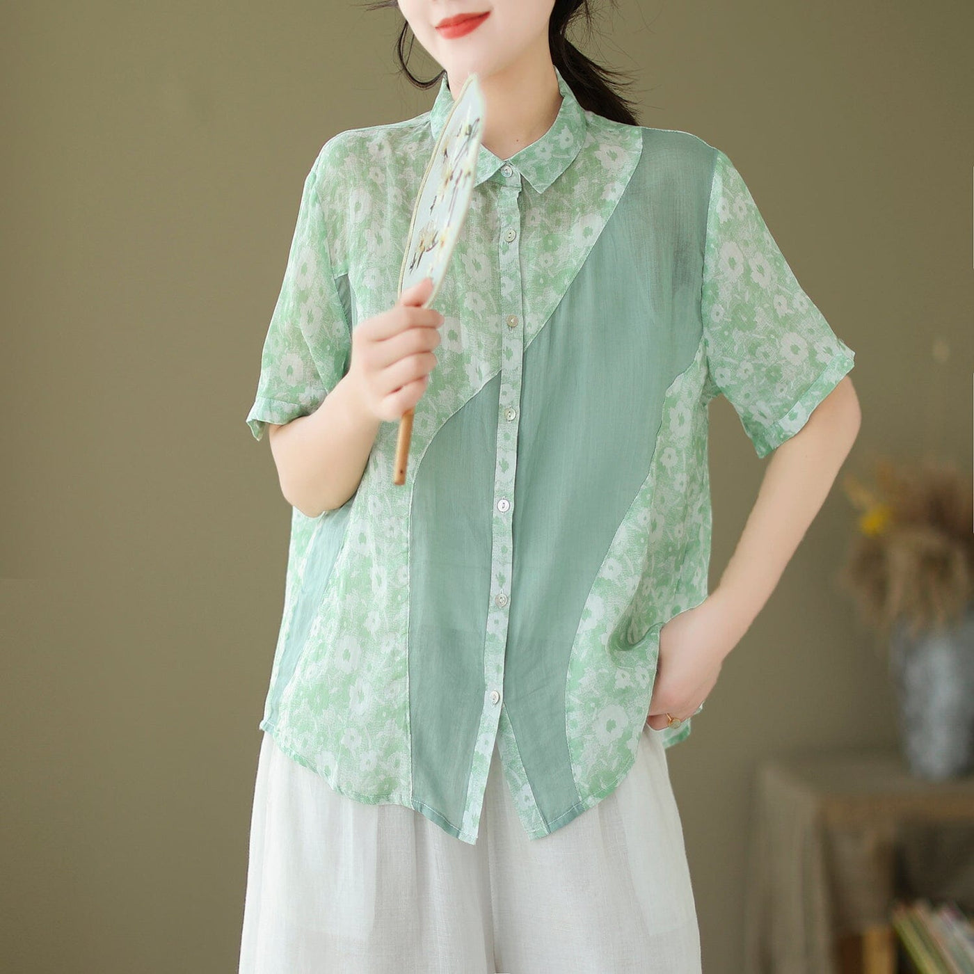 Summer Retro Floral Patchwork Casual Linen Blouse