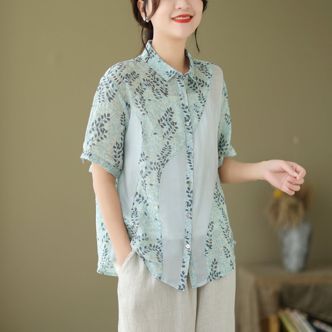 Summer Retro Floral Patchwork Casual Linen Blouse