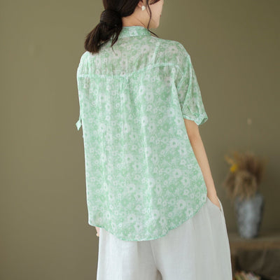 Summer Retro Floral Patchwork Casual Linen Blouse