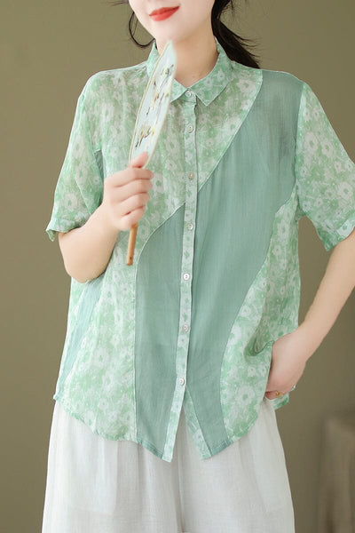 Summer Retro Floral Patchwork Casual Linen Blouse