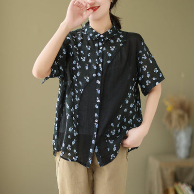 Summer Retro Floral Patchwork Casual Linen Blouse