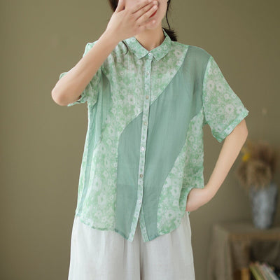 Summer Retro Floral Patchwork Casual Linen Blouse