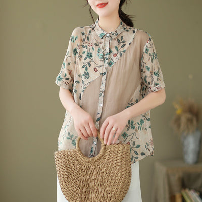 Summer Retro Floral Patchwork Casual Linen Blouse