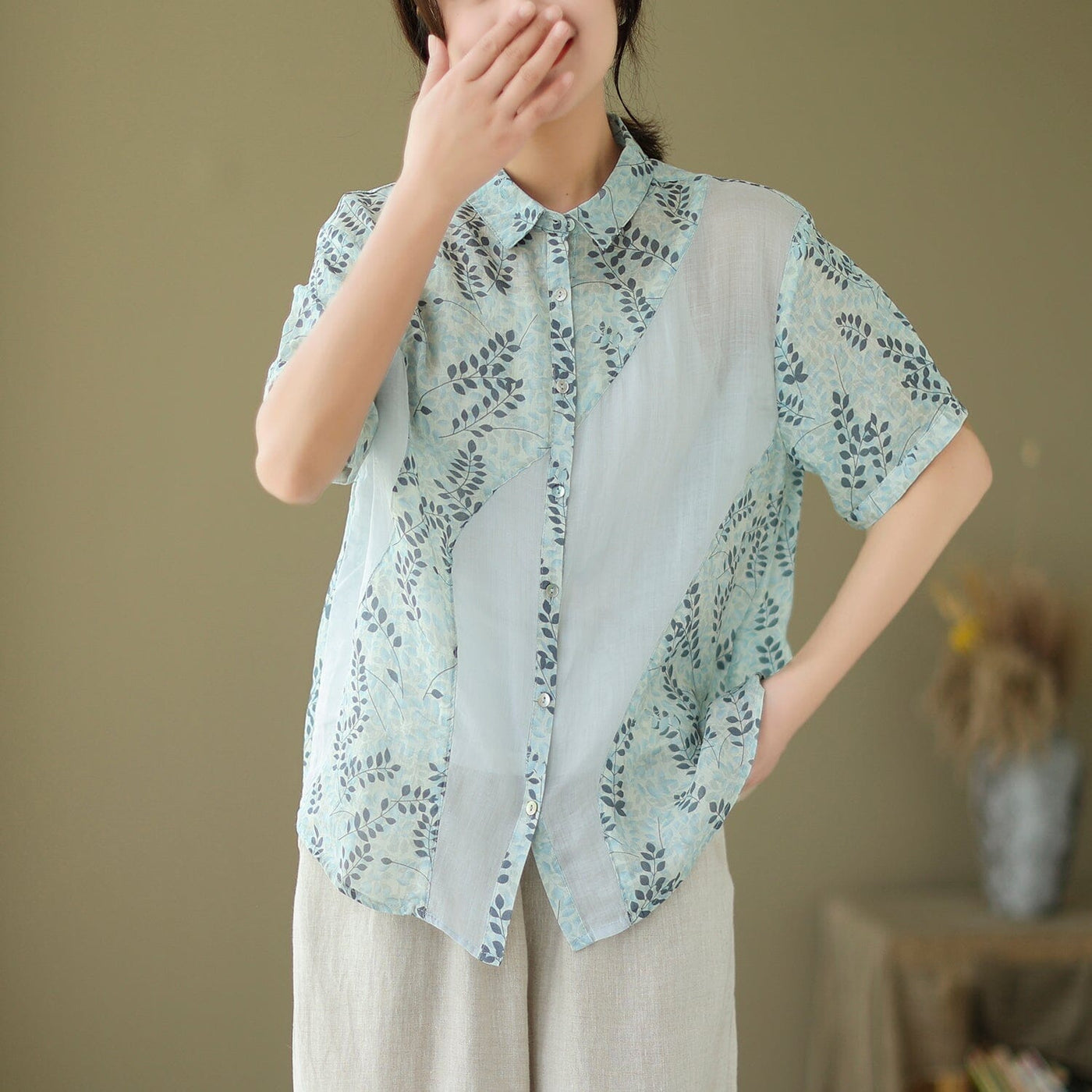 Summer Retro Floral Patchwork Casual Linen Blouse