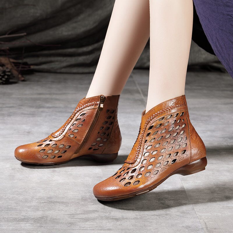 Summer Retro Hollow Leather Flat Ankle Boots