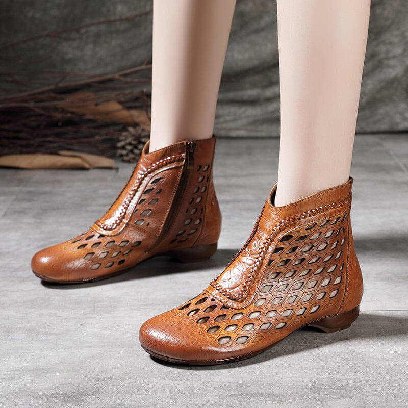 Summer Retro Hollow Leather Flat Ankle Boots