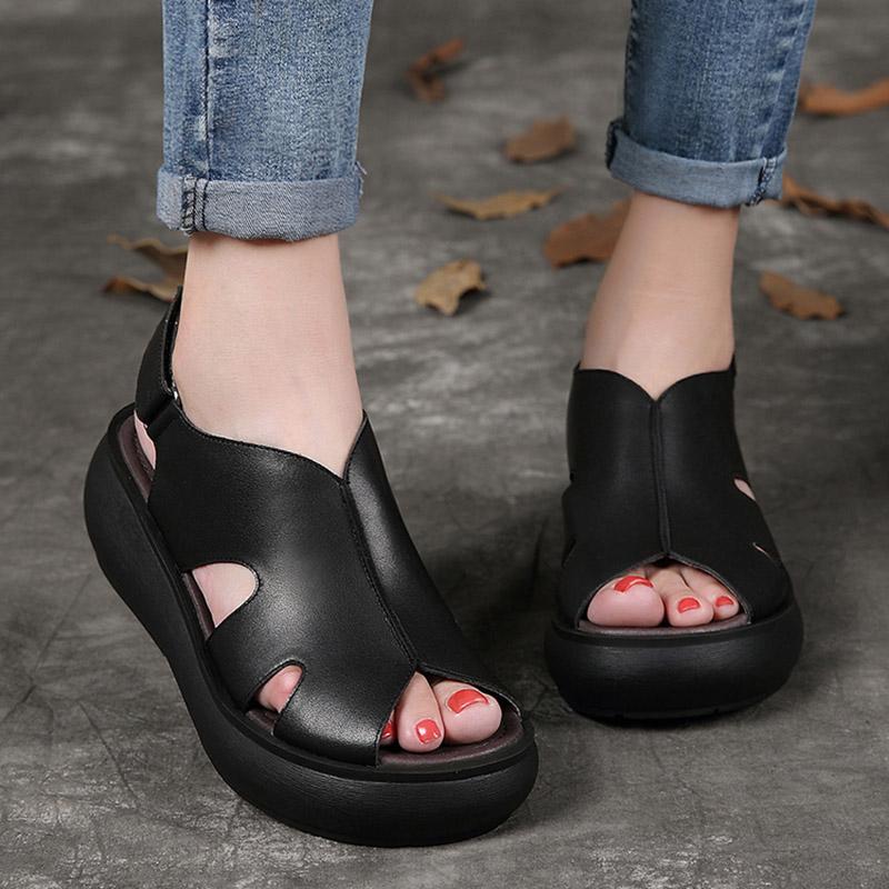 Summer Retro Leather Wedges Women Casual Shoes | Babakud