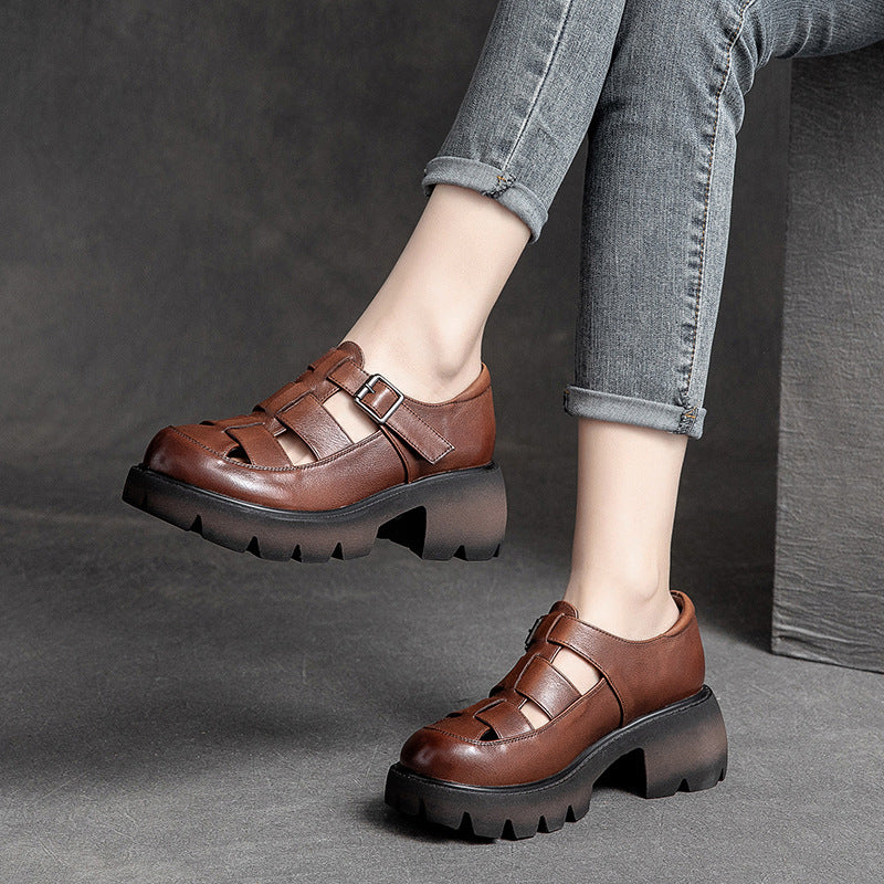 Summer Vintage Leather Hollow Velcro Casual Sandals – Babakud