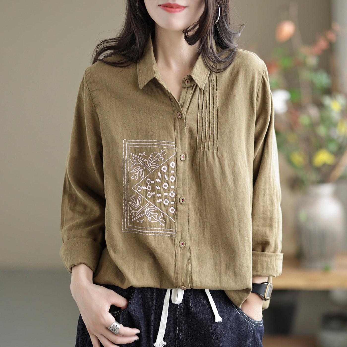 Women Autumn Casual Embroidery Long Sleeve Blouse