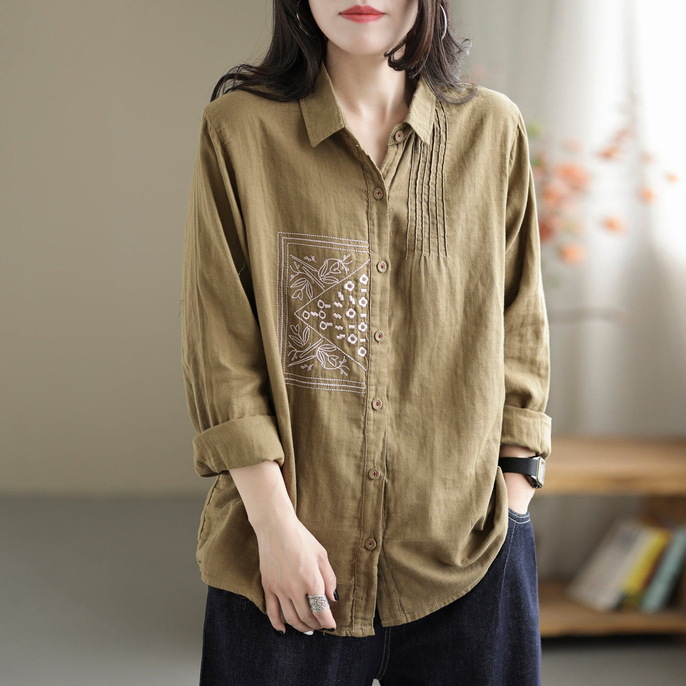 Women Autumn Casual Embroidery Long Sleeve Blouse