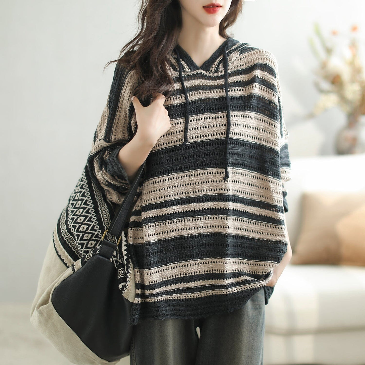 Women Autumn Casual Stripe Knitted Hooded Coat