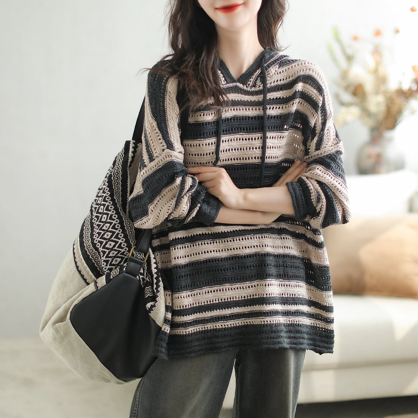 Women Autumn Casual Stripe Knitted Hooded Coat