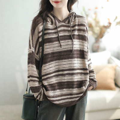 Women Autumn Casual Stripe Knitted Hooded Coat