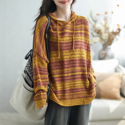 Women Autumn Casual Stripe Knitted Hooded Coat