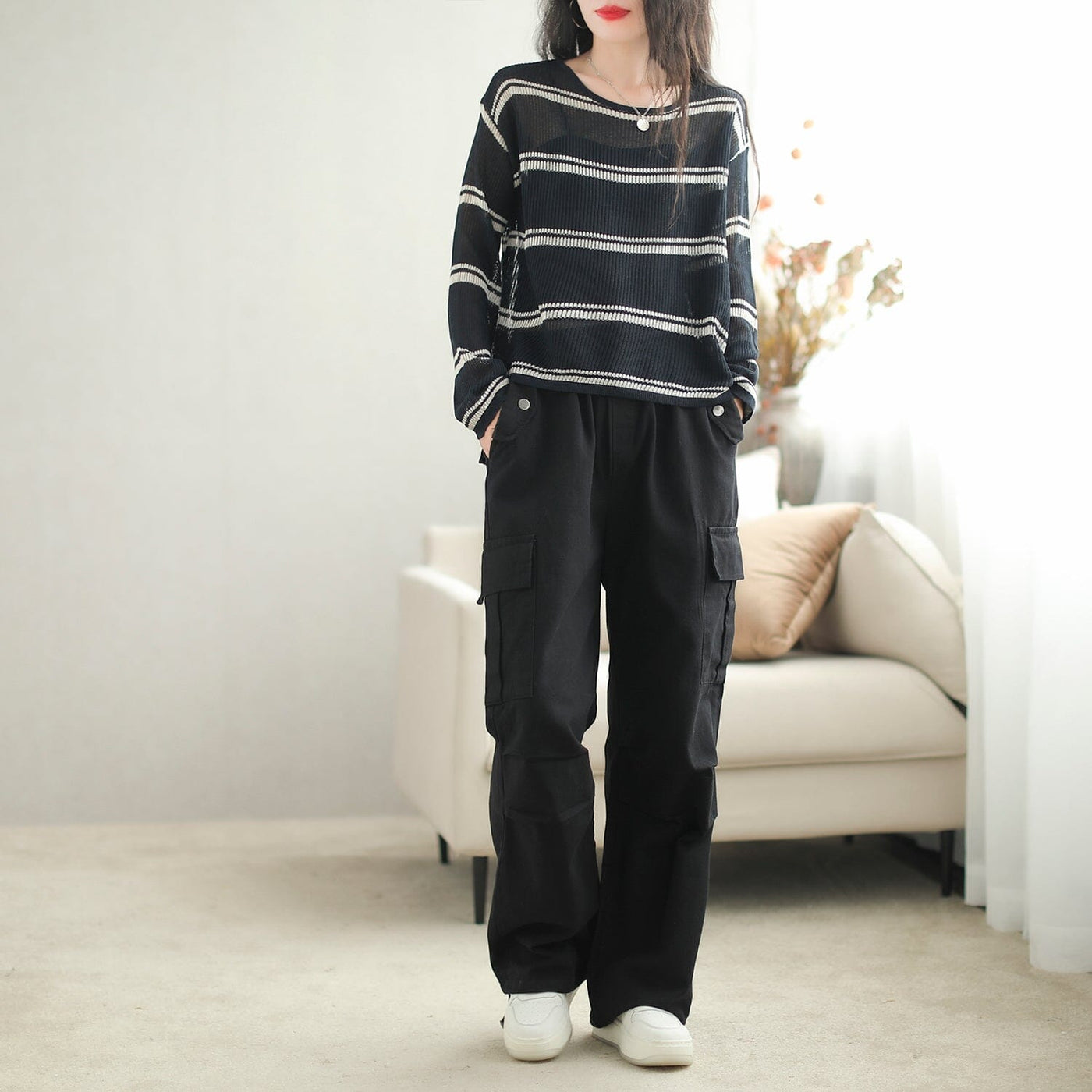 Women Autumn Casual Stripe Loose Top