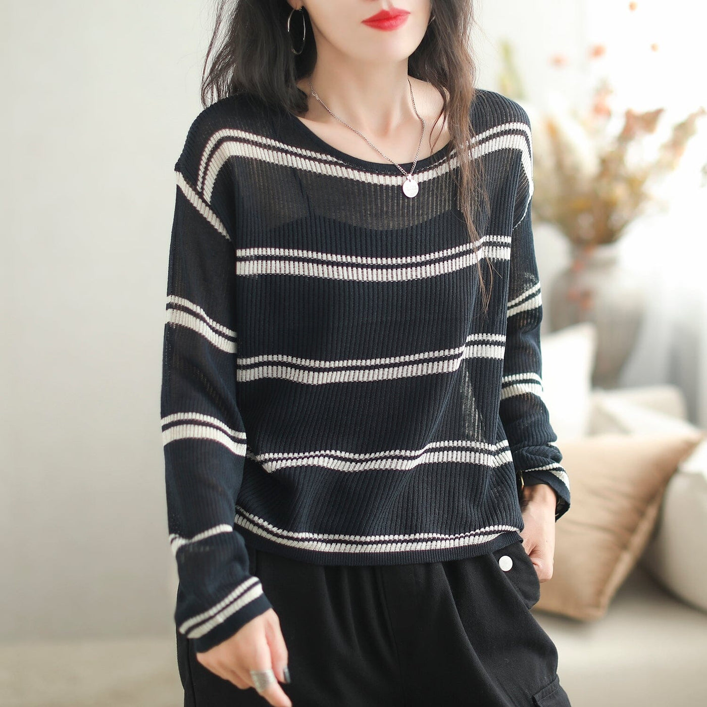 Women Autumn Casual Stripe Loose Top