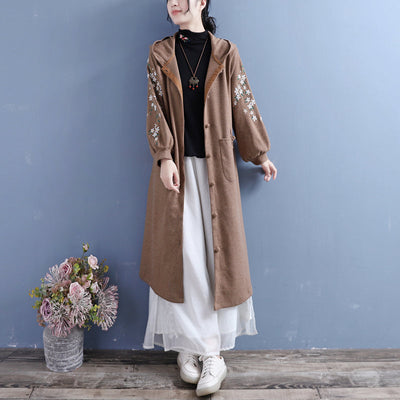 Women Autumn Retro Embroidery Cotton Knitted Overcoat