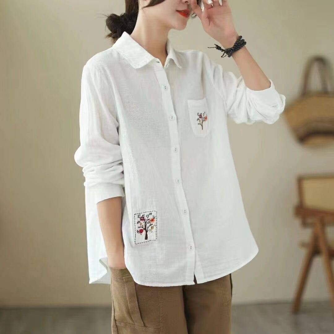 Women Autumn Retro Embroidery Cotton Linen Blouse